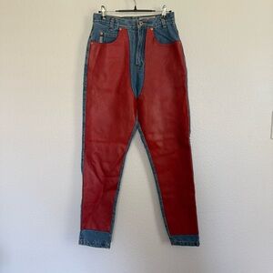 Vintage Joujou High Waisted Faux Leather Chap Jeans in Blue Red 9/10 27